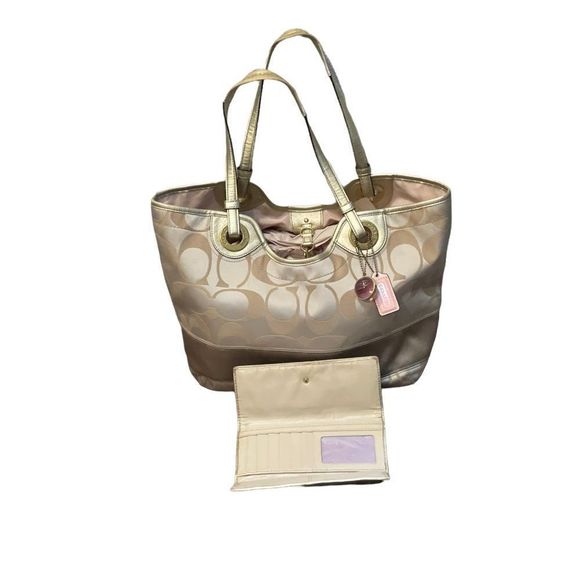 Large Matching Wallet Khaki and Tan Signature C Metallic Fabric Tote 12"L x 5"W - Picture 7 of 16